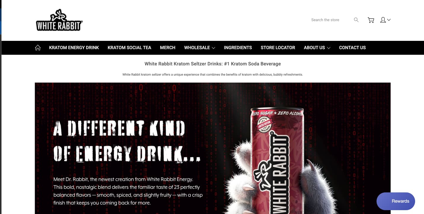 White Rabbit Kratom seltzer lineup showing Cherry Bomb Watermelon Candy Raspberry Lemonade and Root Beer flavor